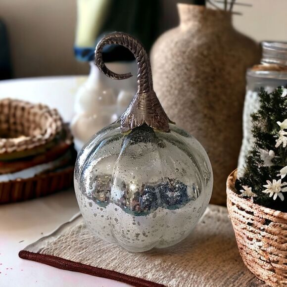 Mercury Glass Pumpkin Gourd Silvery Glass Encased Silver Metal Stem Autumn Fall. - Picture 15 of 16